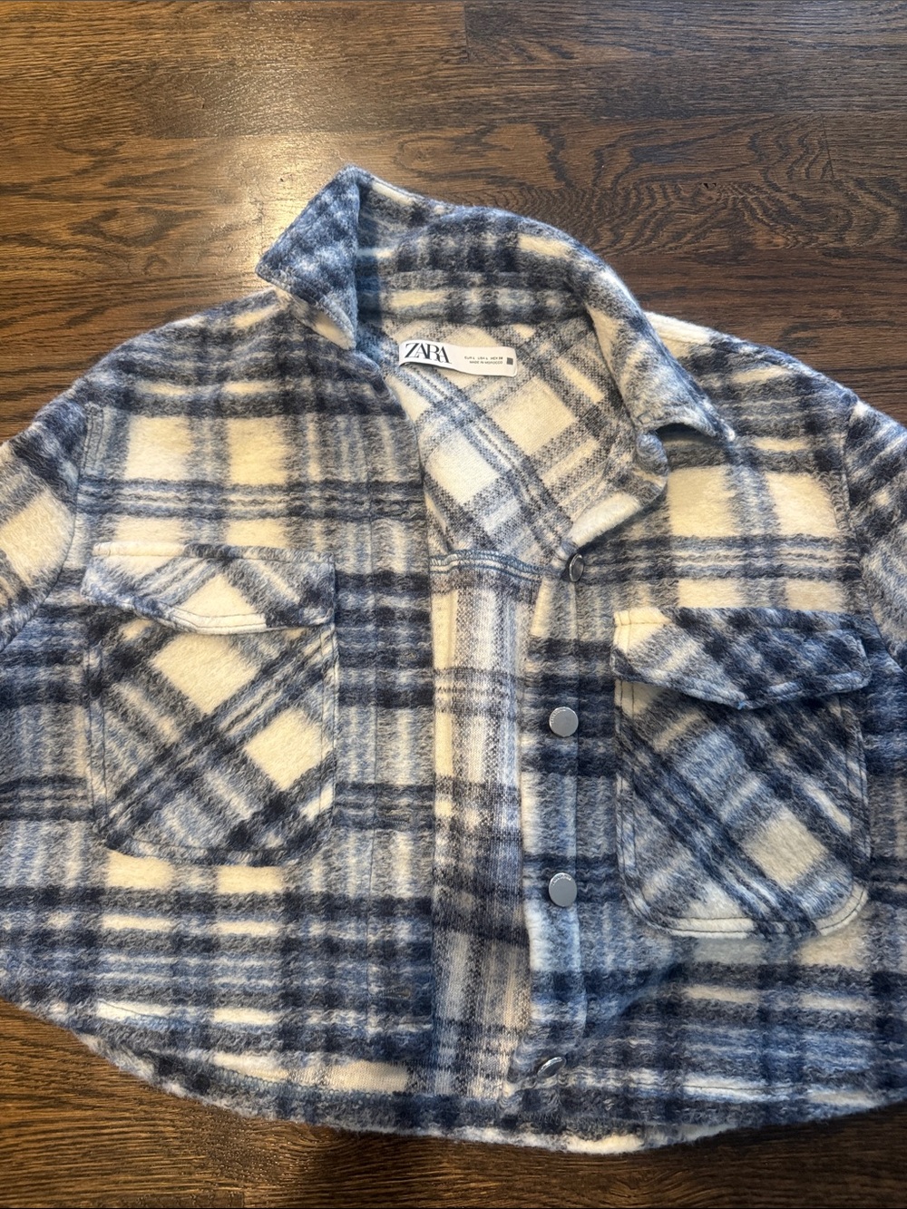 ZARA Blue & White Plaid Cropped Flannel